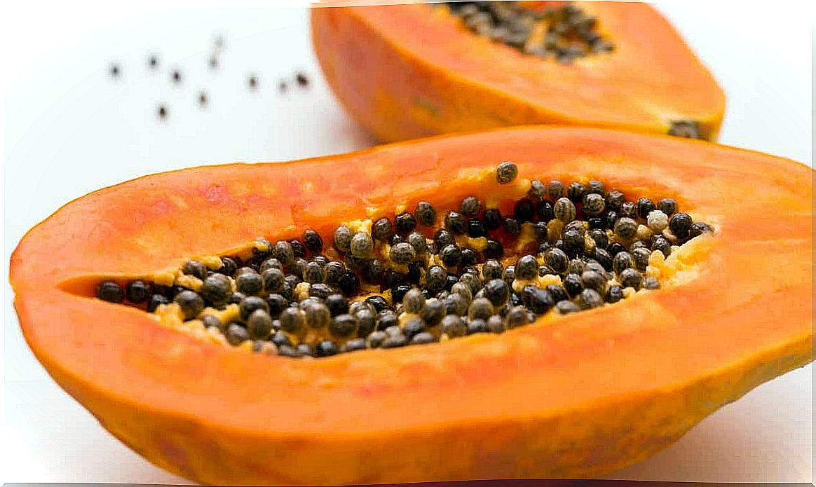 A papaya cut in half