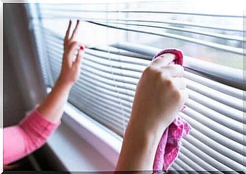 Woman in the process of cleaning blinds