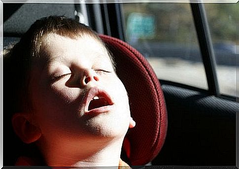 Little boy snoring in the car